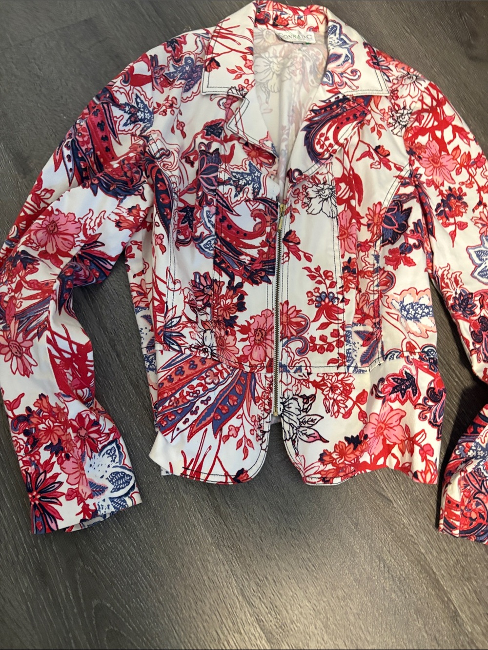 White Floral Zip-Front Blazer with Red and Navy Print